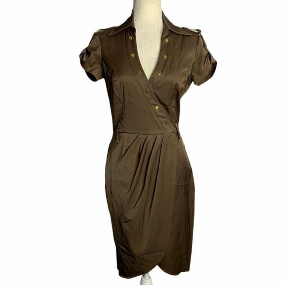Vintage Cache Tulip Skirt Shirt Dress S Brown Gold - Picture 1 of 10